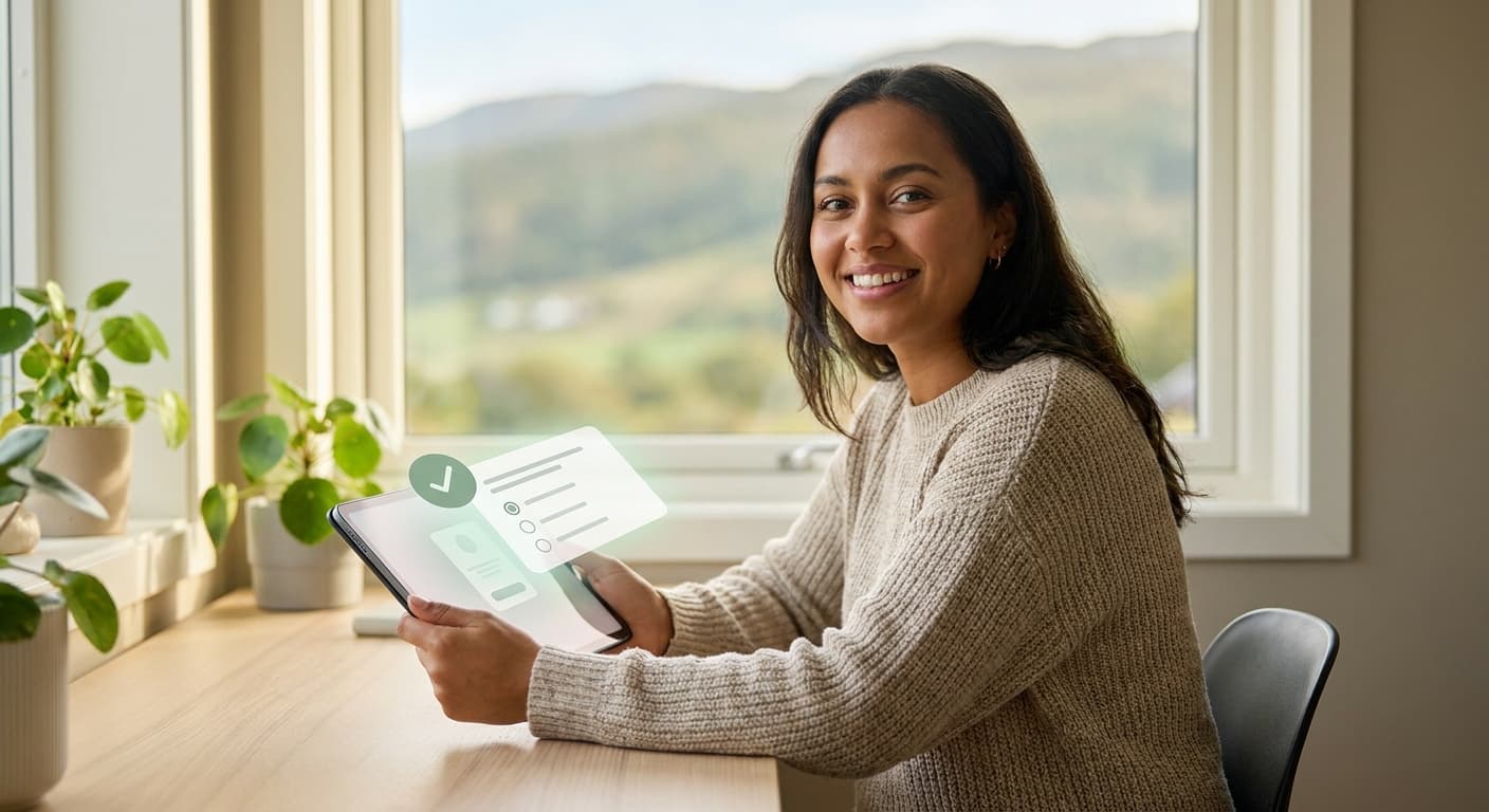 A confident learner smiling with the Teoripass practice app on a tablet